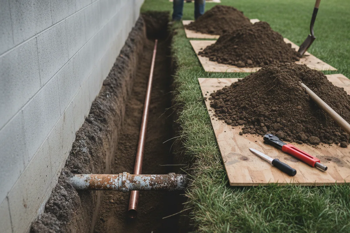 Excavated water line trench during Sewer Line Repair in Hegins